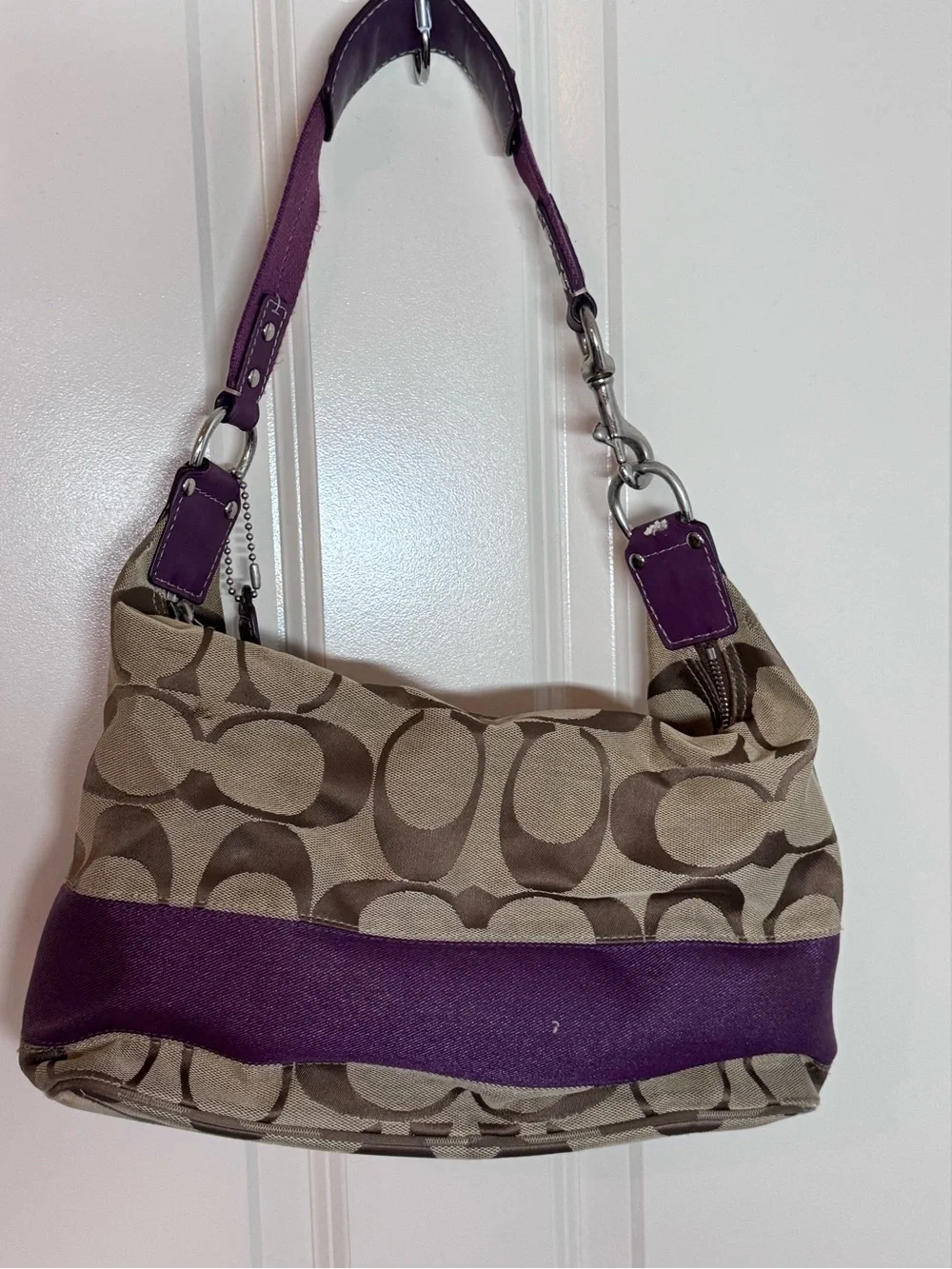 Coach Khaki Signature Canvas Shoulder Bag with Purple Trim